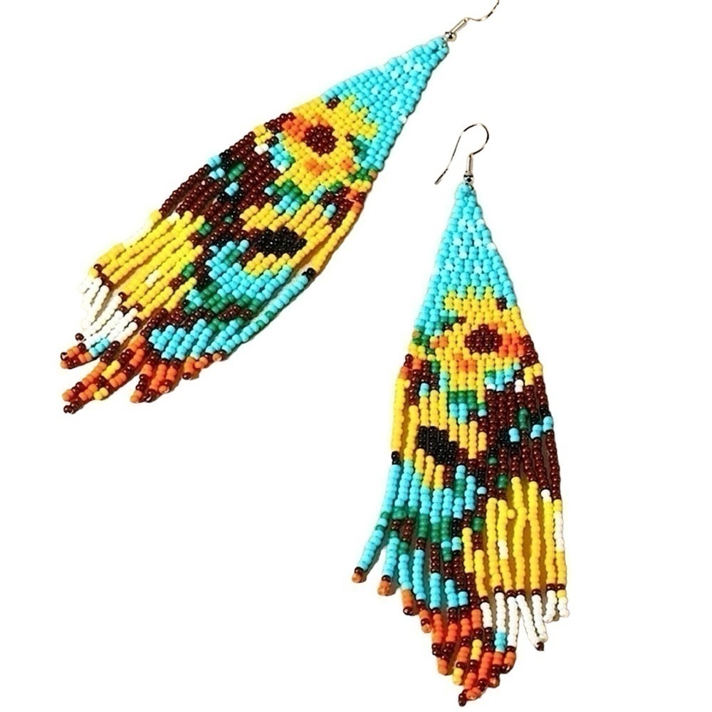 SUNFLOWER BOHO BEADED EARRINGS - BRAND NEW - Picture 3 of 5